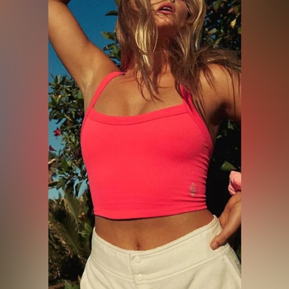 Free People Vibrant Coral/Pink Cropped Tank Top - Picture 2 of 7